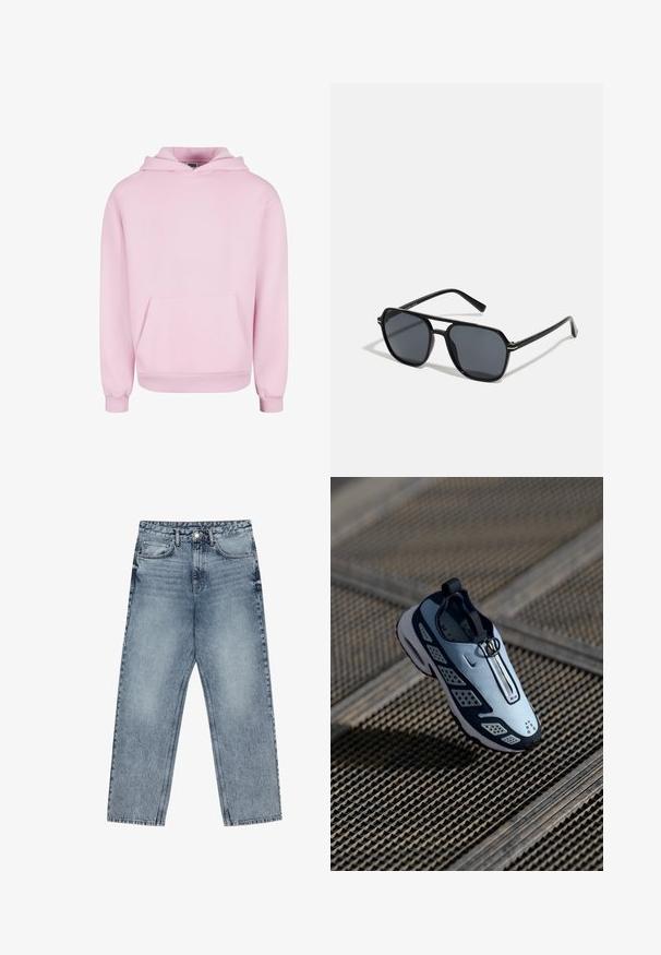 Ljusrosa huvtröja i mjukt tyg. Den har en framficka, justerbar luva och ribbad mudd för en snug fit. Enkelt design.; Ljust blå denimjeans med rak benform, synliga sömmar, fem fickor och en knappstängning i midjan.; Nike-sneaker har en slip-on-design med ljusblå ovandel, svarta accenter och perforerade sidopaneler. Rund tå och texturerad sula.; Svarta solglasögon med oktagonal ram, mörka linser, glansig yta, smala stänger och gyllene detaljer på framsidan.