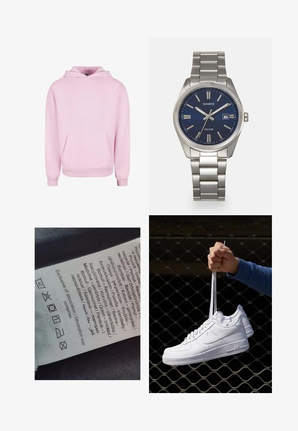 Felpa rosa chiaro realizzata in tessuto morbido. Presenta una tasca a marsupio frontale, cappuccio con cordino e polsini a coste per una vestibilità aderente. Design semplice.; Etichetta con testo multilingue, simboli di cura e icone di riciclo, stampata su un materiale morbido simile a stoffa di colore chiaro.; Sneakers in pelle bianca con perforazioni, punta rotonda, suola piatta e lacci spessi, con logo swoosh visibile e "AIR" sul tallone.; Orologio da polso in acciaio inossidabile argento con quadrante blu navy, indici metallici e finestra della data alle 3. Resistente all'acqua fino a 50 metri.