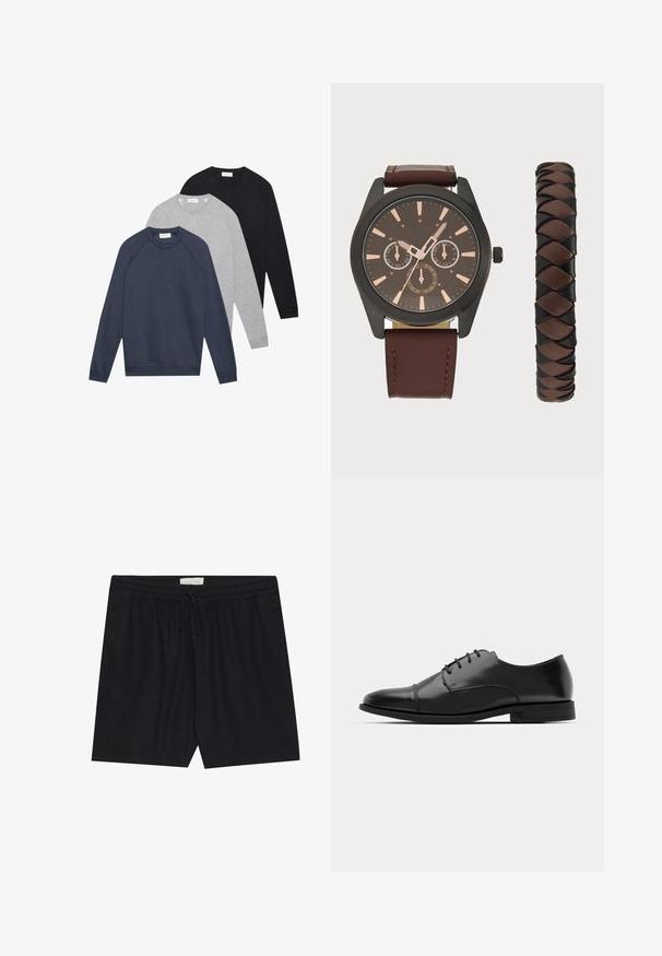 Trii dugih majica s dugim rukavima i okruglim izrezom u tamnoplavoj, svijetlosivoj i crnoj boji, složene i položene ravno na bijeloj pozadini.; Crne kratke hlače s elastičnim pojasom i vezicom, s glatkom teksturom i ravnim krojem, pogodne za svakodnevno nošenje.; Crne kožne cipele s okruglim prstom, s vezanjem, suptilnim detaljima šivanja i niskim potplatima. Glatka tekstura s poliranim finišem.; Pier One SET - Ručni sat - black/brown
