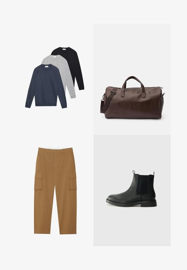 Tres sudaderas de manga larga con cuello redondo en azul marino, gris claro y negro, apiladas y dispuestas sobre un fondo blanco.; Pantalones cargo marrones con dos bolsillos laterales, un frente plano y un corte recto. Fabricados con una tela duradera de textura suave.; Botas Chelsea de cuero negro con paneles laterales elásticos, lengüetas para tirar, puntera redondeada y suela de goma texturizada. Superficie lisa y diseño robusto.; Bolsa de viaje de cuero sintético marrón con asas dobles y una correa para el hombro ajustable. Presenta un cierre de cremallera y un diseño de base rectangular.