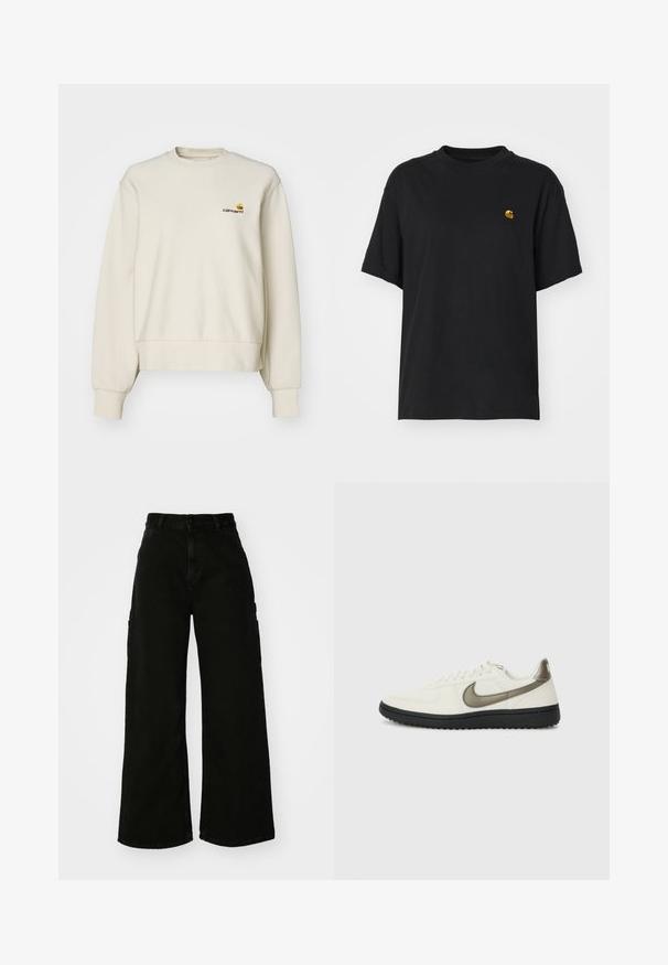 Sweatshirt couleur crème en tissu doux, doté d'un col rond, de poignets côtelés et d'un petit logo brodé sur la poitrine.; T-shirt en coton noir à coupe décontractée. Présente un col rond et des manches courtes. Comprend un petit logo doré brodé sur la poitrine.; Pantalons cargo larges noirs en denim, avec taille haute, fermeture à bouton sur le devant et poches latérales. Texture lisse avec des coutures minimales.; Nike Sportswear FIELD GENERAL - Baskets basses - off-white/black