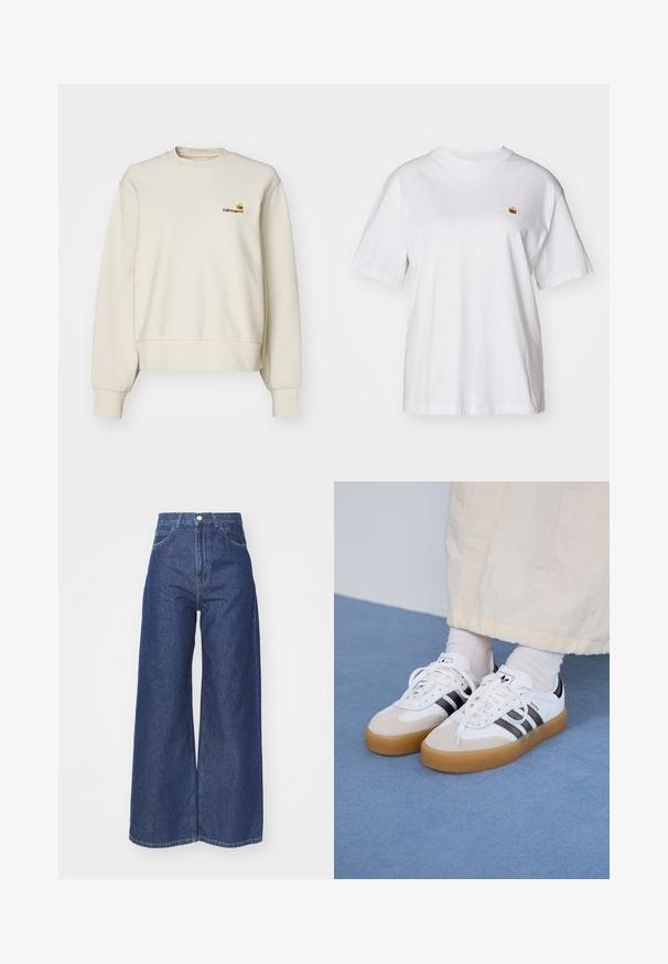 Felpa color crema realizzata in tessuto morbido, con scollatura rotonda, polsini a coste e un piccolo logo ricamato sul petto.; Maglietta in cotone bianco con vestibilità rilassata, maniche corte e un piccolo logo ricamato sul lato sinistro del petto.; Jeans a gamba larga in denim blu scuro. Design a vita alta con chiusura a zip e bottone. Presenta uno stile classico a cinque tasche e bordi orlati.; Sneakers bianche con strisce nere e accenti in suede beige. Presentano una suola in gomma texturizzata e lacci bianchi piatti, indossate con calzini di colore chiaro.