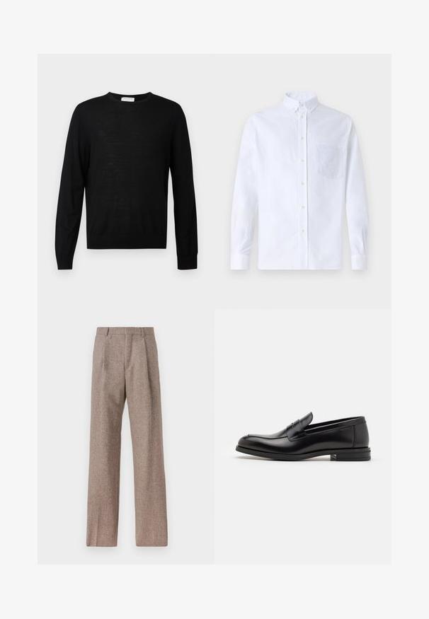 Maglione nero a maniche lunghe realizzato in tessuto morbido, con scollo rotondo, polsini a coste e orlo dritto. Design minimalista, senza pattern.; Camicia bianca a maniche lunghe con bottoni, realizzata in cotone, caratterizzata da una tasca sul petto con ricamo tonale, colletto e polsini con bottoni.; Pantaloni marroni a vita alta realizzati in tessuto testurizzato. Presentano gambe ampie e due pieghe frontali per struttura. Rifinitura curata senza hardware visibile.; Mocassini neri in pelle con una texture liscia, punta arrotondata e una striscia decorativa sulla tomaia. Tacco basso impilato, design minimalista.
