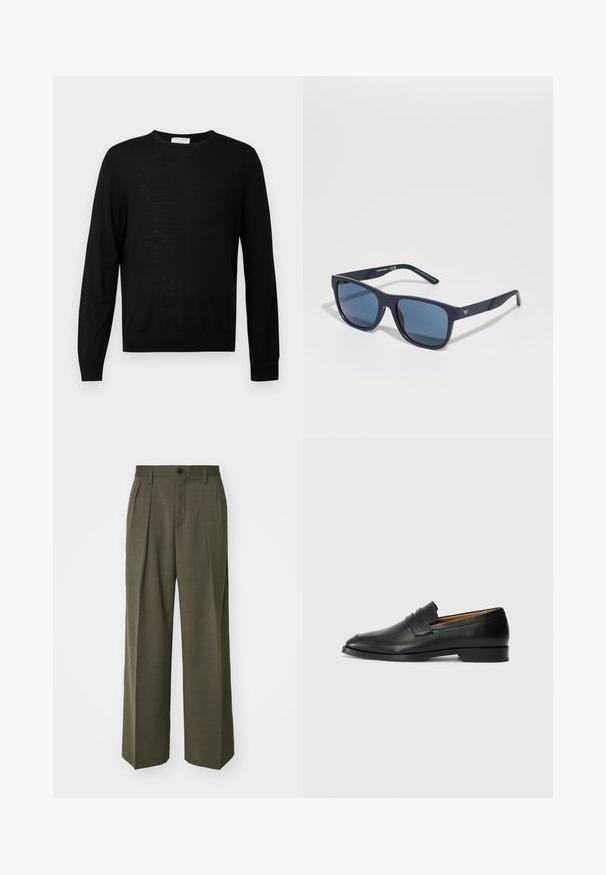 Schwarzer Langarm-Pullover aus weichem Stoff, mit einem runden Halsausschnitt, gerippten Bündchen und einem geraden Saum. Minimalistisches Design, ohne Muster.; Filippa K WIDE TROUSERS - Stoffhose - driftwood; Schwarze Leder-Slipper mit runder Zehenform, dezenten gestickten Details und niedrigem Absatz, ausgestattet mit glatter Textur und minimalistischem Design.; Blaue rechteckige Sonnenbrille mit dunklen Gläsern, mattem navy-blauen Rahmen, Logodetail an den Bügeln, geraden Bügeln und einer soliden, glatten Textur.