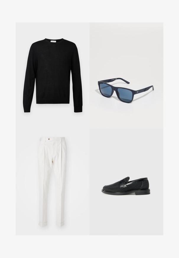 Black long-sleeve sweater made from soft fabric, features a round neckline, ribbed cuffs, and a straight hem. Minimalist design, no patterns.; White, tailored trousers with a flat front, two pleats, and rolled cuffs. Made of a smooth fabric with a button closure at the waist.; Black woven slip-on shoe with a smooth leather accent on the upper, a round toe design, and a low-profile rubber sole.; Blue rectangular sunglasses with dark lenses, matte navy frame, logo detail on the temple, straight arms, and a solid, smooth texture.