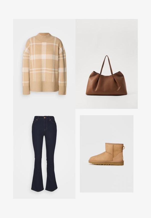 Beżowy sweter z białym wzorem w kratę, z prążkowanym okrągłym dekoltem i mankietami. Miękka tekstura, obniżone ramiona i luźny krój.; Marks & Spencer Eva - Jeansy Bootcut; Beżowe zamszowe botki za kostkę z okrągłym noskiem, przeszyciami, z pętelką z tyłu i teksturowaną gumową podeszwą. Zaprojektowane z myślą o komforcie i ciepłocie.; Brązowa skórzana torba tote o miękkim, zaokrąglonym kształcie, z plisowaną strukturą i dwoma solidnymi uchwytami. Minimalistyczne akcenty w postaci szwów.