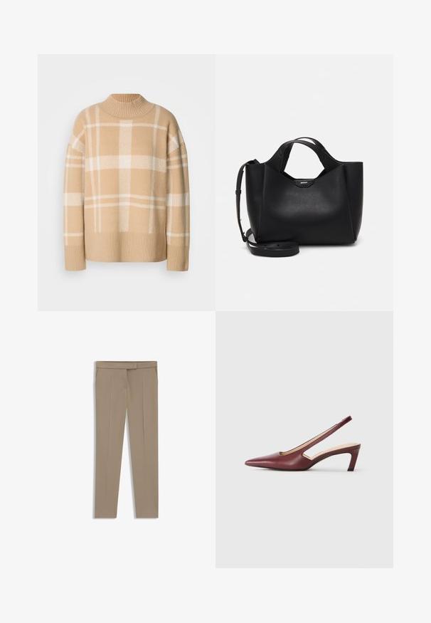 Beige Pullover mit einem weißen Karo-Muster, geripptem Rundhalsausschnitt und Bündchen. Weiche Textur mit überschnittenen Schultern und lässiger Passform.; Beige maßgeschneiderte Hose mit glatter Oberfläche, gerader Beinform, frontale Bügelfalte und zwei Seitentaschen. Schlichter Bund mit metallischem Akzent.; Burgunderfarbene Slingback-High Heels mit spitzer Zehenform, Ausschnitten an den Seiten und einem Blockabsatz in mittlerer Höhe. Glatte Lederoberfläche.; Schwarze Lederhandtasche mit strukturiertem Finish, eckiger Form, doppelten Griffen und einem verstellbaren Schultergurt. Mit einem DKNY Logo-Akzent.