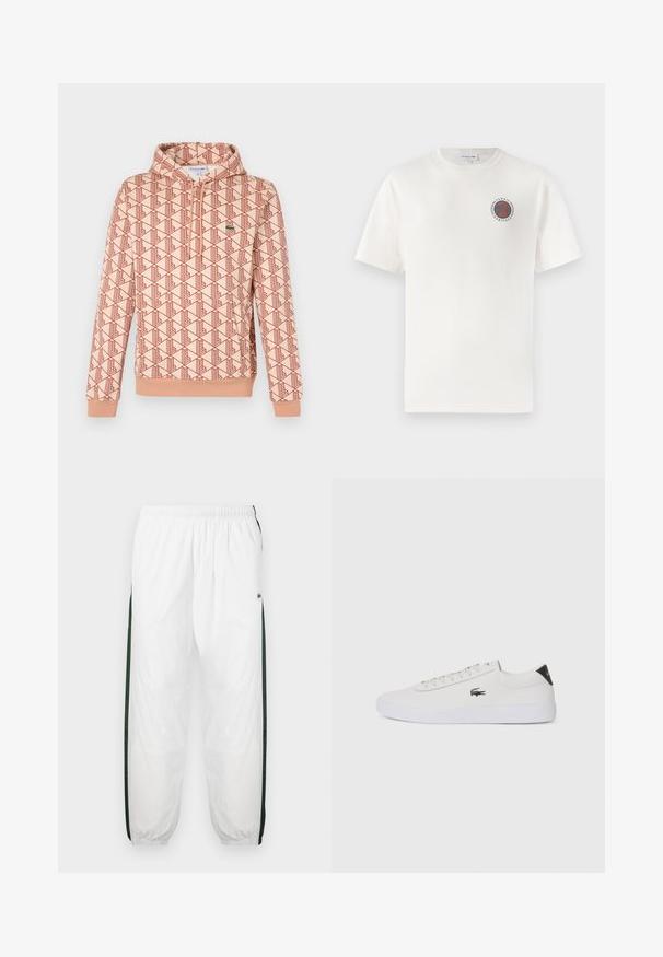 Φόρμα με κουκούλα σε ανοιχτό ροζ χρώμα με γεωμετρικό κόκκινο σχέδιο. Διαθέτει φερμουάρ μπροστά και ραμμένα μανίκια. Μικρό λογότυπο στο στήθος.; Λευκό βαμβακερό μπλουζάκι με κοντά μανίκια, το οποίο διαθέτει έναν κυκλικό μπλε και πορτοκαλί λογότυπο "Tennis Heritage" στο αριστερό στήθος.; Λευκό παντελόνι φόρμας με σκούρα πράσινα πλαϊνά πάνελ. Ελαφρύ υλικό, ελαστική μέση και μανσέτες στο κάτω μέρος. Διαθέτει διχτυωτή υφή στα πλαϊνά πάνελ.; Λευκό δερμάτινο sneakers με στρογγυλή μύτη, κορδόνια μπροστά και μαύρη λεπτομέρεια στη φτέρνα. Διαθέτει ένα μικρό κεντημένο λογότυπο κροκοδείλου στο πλάι.