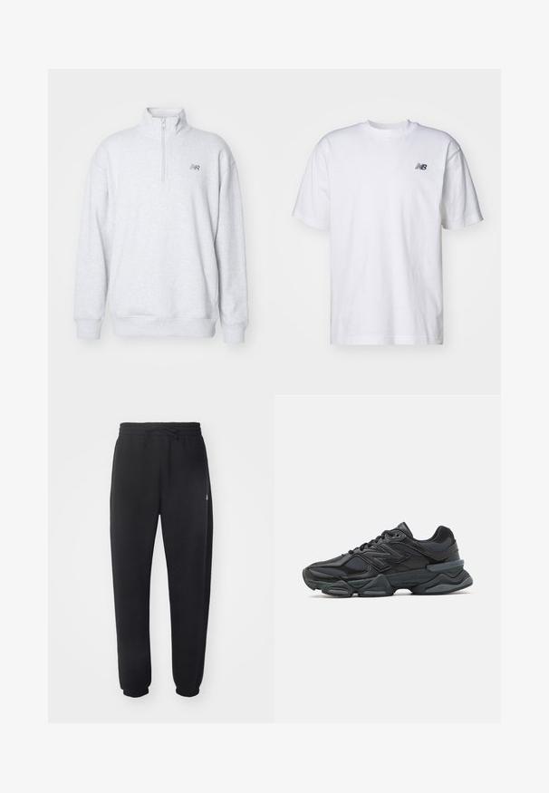 Γκρι φούτερ με φερμουάρ, κατασκευασμένο από μαλακό ύφασμα, με ψηλό γιακά και μακριά μανίκια. Μικρό λογότυπο στο στήθος. Απλός σχεδιασμός.; Λευκό κοντομάνικο μπλουζάκι με κανονική λαιμόκοψη και μικρό μαύρο λογότυπο New Balance στο αριστερό μέρος του στήθους, σε απλό φόντο.; Μαύρο αθλητικό παντελόνι φ made από μαλακό υλικό με ελαστική μέση, κορδόνι και στενά μανίκια, με διακριτό λογότυπο στο πλάι.; Μαύρο αθλητικό παπούτσι με συνδυασμό πλέγματος και συνθετικών υλικών, χοντρή σόλα, καμπυλωτό σχέδιο και έντονη επωνυμία στο πλάι.