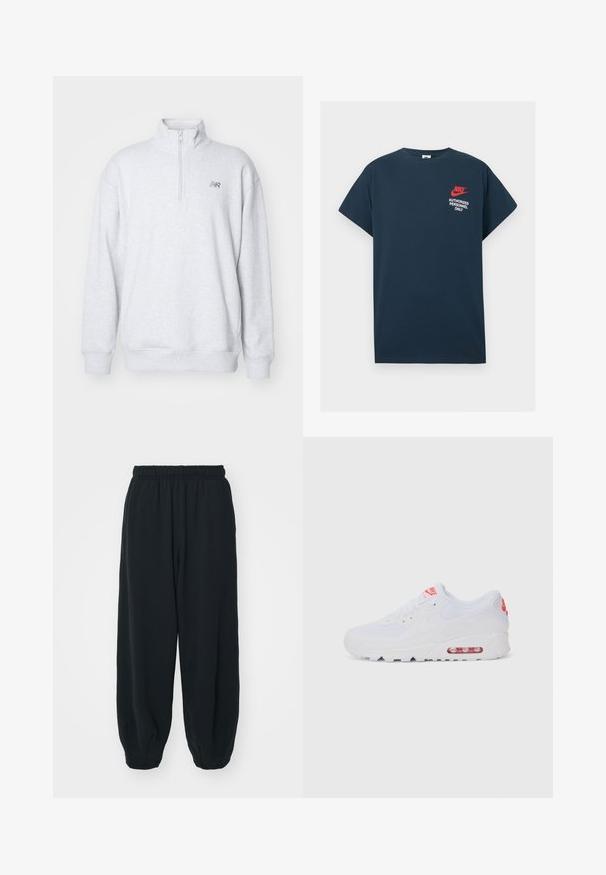 Hanorac gri cu fermoar, fabricat dintr-un material moale, având o guler înalt și mâneci lungi. Accent cu un logo mic pe piept. Design simplu.; Tricou din bumbac bleumarin, cu mâneci scurte. Prezintă un logo Nike roșu și text alb "NUMAI PENTRU PERSONAL AUTORIZAT" pe partea stângă a pieptului.; Pantaloni de trening negri, cu talie elastică, cu o croială lejeră, la baza pantaloni fiind strânși, având o textură netedă și fără modele sau accente metalice vizibile.; Adidașii albaștri de sport au o parte superioară netedă, sistem de închidere cu șireturi, talpă cu amortizare și o unitate de aer vizibilă cu accente roșii pe branding.
