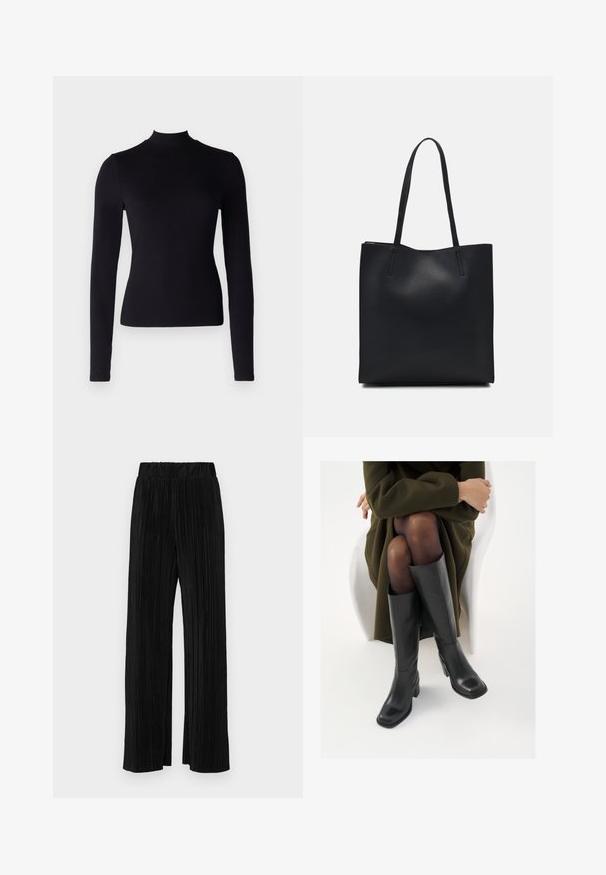 Fekete bordás, hosszú ujjú garbó felső rugalmas anyagból, testre simuló fazonnal és sima textúrával.; Fekete pliszírozott nadrág gumis derekkal. Széles lábakkal rendelkezik, sima, texturált anyagból készült, függőleges csíkokkal.; Térdfelett érő fekete bőr csizmák négyzet alakú orral és tömbtalppal, olajzöld kabátban ülő modellel bemutatva. Simaság, minimalista részletezés.; Fekete bőrtáska sima felszínnel, téglalap alakú, két hosszú füllel. Nincs látható fémkiegészítő vagy díszítés.