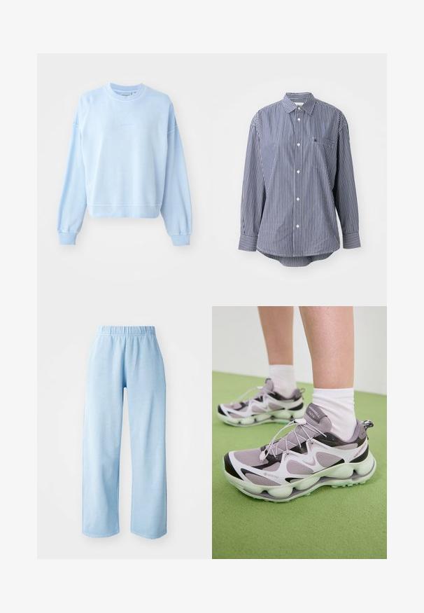 Sudadera azul claro hecha de un material de algodón suave. Presenta un cuello redondo, hombros caídos y puños y dobladillo de canalé con una sutil marca.; Camisa de rayas azul marino y blanca de manga larga con cuello clásico, bolsillo frontal y cierre de botones. Tejido suave con una textura lisa.; Pantalones de pierna ancha de color azul claro con cinturilla elástica. Hechos de una tela suave, con una textura lisa y sin patrones ni acentos visibles.; Zapatillas deportivas de GORE-TEX en color púrpura claro, con una parte superior de malla texturizada, acentos en negro y una suela esculpida. Presentan cordones elásticos y un collarín acolchado.