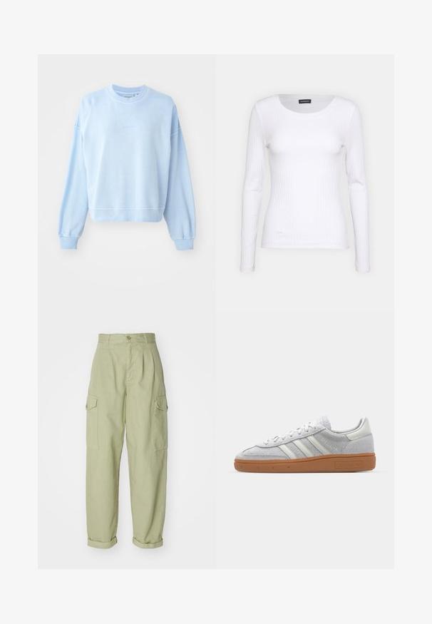 Hele halli fleece, mis on valmistatud pehmest puuvillast. Omab ümmargust kaelust, langetatud õlavarre ja soonikuid varrukatel ning helbel. Väike bränding on diskreetne.; Valge soonikuline pikkade varrukatega pluus ümmarguse kaelusega. Valmistatud venivast kangast, mis kehale siledalt ümber läheb. Omab peeneid horisontaalseid jooni.; Heledad rohelised cargo püksid, valmistatud puuvillakangast. Omavad kõrget talje, volditud pahkluup, ja kahte külgpoket lisafunktsionaalsuse jaoks.; Heledad hallhall kreemikas nähtav dress särk valgete nahka elementidega, kolm valget triipu ja pruun kummikreen, millel on mugavuse tagamiseks pehmendusega kaelus.