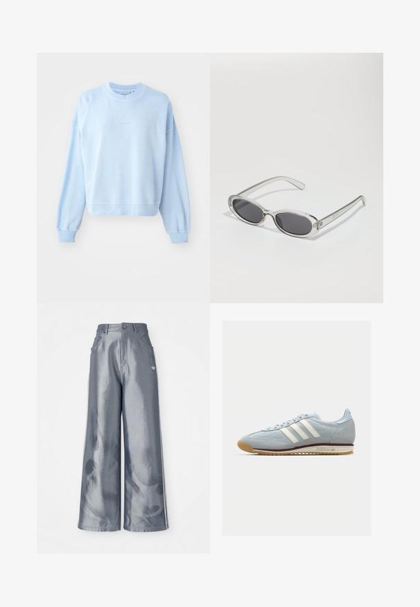Světle modré mikina vyrobená z měkkého bavlněného materiálu. Má kulatý výstřih, spadlé ramena a žebrované manžety a lem s decentním brandingem.; Kalhoty s širokými nohavicemi z lesklého šedého materiálu, se bílými bočními pruhy a plamenným vzorem na spodní části nohavic. Zapínání na knoflík a zip v pase.; Světlou modrou semišovou tenisku s bílými třemi pruhy, gumovou podrážkou a texturovanou mřížkou. Obsahuje hladký kryt špičky a branding na patě.; Sluneční brýle s oválným tvarem, průhledným plastovým rámem, tmavě šedými skly a tenkými průhlednými stranami s akcenty loga a minimálními detaily.
