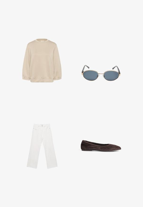 Kaffe KASIF - Sweatshirt - feather gray; White denim wide-leg trousers featuring a classic five-pocket design, metal hardware, and contrast stitching. Smooth texture and relaxed fit.; Brown suede ballet flat with a pointed toe and low profile. Features smooth texture and minimalistic design. No visible hardware or accents.; Oval sunglasses with dark lenses, gold metal frames, and gray arms. Frames feature a minimal design with a subtle bridge accent.; Dark brown suede handbag with two top handles, a structured shape, and leather accents. Features adjustable drawstring closure and a smooth texture.