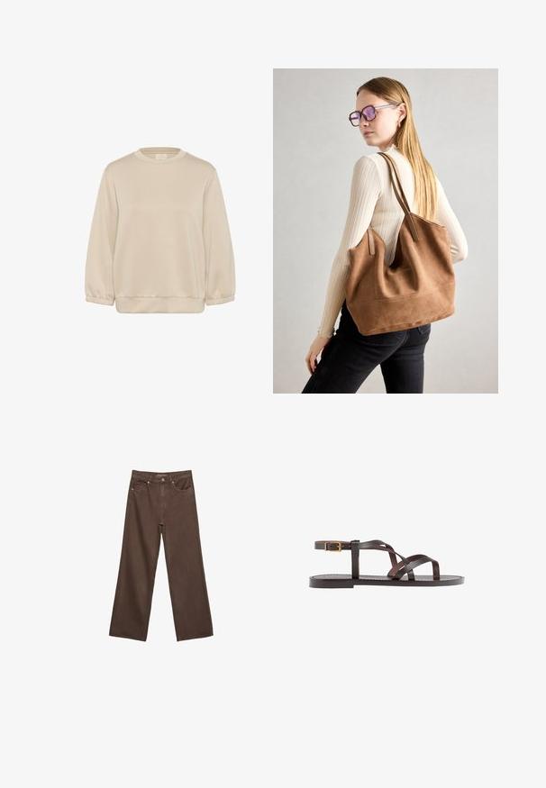 Kaffe KASIF - Collegepaita - feather gray; Leviittävät ruskeat farkut, jotka on valmistettu denimistä, korkea vyötärö, etutaskut ja klassinen nappikiinnitys. Silkkinen pinta hienovaraisella ompelutyöllä.; Ruske kožne sandale s križnim trakama, zatvaranjem na kopču oko gležnja i ravnim potplatom s minimalnim detaljima šivanja.; Ruskea nubukkivuoriolaukku, jossa on pehmeä rakenne, tilava avaus ja pitkät hihnat. Ominaisuuksiin kuuluu yksinkertainen muotoilu näkyvine ompeleineen ja ilman metalliosia.