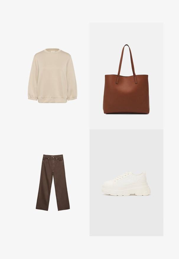 Kaffe KASIF - Sweater - feather gray; Brede bruine spijkerbroek van denim, met een hoge taille, voorzakken en een klassieke knoopsluiting. Soepele textuur met subtiele stiksels.; Witte canvas sneaker met een stevige zool, ronde neus en vijf gaatjes voor veters. Achterste tab voor gemakkelijk aan- en uittrekken. Vloeibare textuur, minimalistisch ontwerp.; Bruine leren tote bag met een gladde textuur, een ontwerp met een open bovenkant en twee schouderbanden. Kenmerkt zich door minimale stiksels en geen zichtbare hardware.