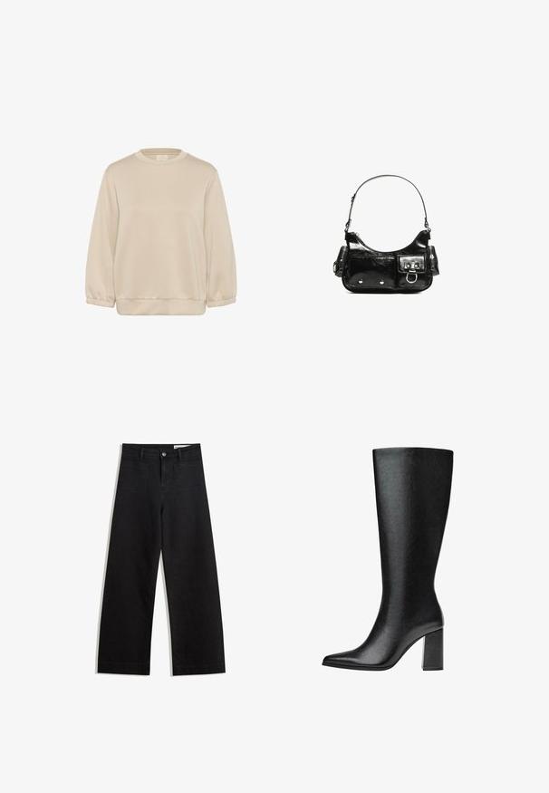 Kaffe KASIF - Sweatshirt - feather gray; Schwarze weit geschnittene Jeans mit hoher Taille, ausgestattet mit Vorder- und Hintertaschen, gesteppten Nähten und einem Knopfverschluss. Glatte Textur.; Schwarze kniehohe Stiefel aus Kunstleder mit spitzer Zehe, glatter Oberfläche und blockartigem Absatz. Minimalistisches Design ohne sichtbare Akzente.; Schwarze Lackleder-Handtasche mit geschwungenem Design, einem Schulterriemen, Vordertaschen und silberfarbenen Hardware-Akzenten.