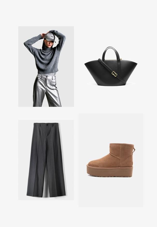 LOLA CASADEMUNT Svetr - grey; Kalhoty s širokými nohavicemi vyrobené z tmavě šedé látky, s knoflíkovým zapínáním, předními sklady a poutky na pásek. Hladká textura s přizpůsobeným střihem.; Hnědé semišové kotníkové boty s platformou, zaoblenou špičkou a prošíváním; mají poutko vzadu pro snadné obouvání.; Černá kožená taška na rameno s širokým, úhlovým tvarem. Obsahuje dvojité horní madla a nastavitelné ramenní popruhy s pozlacenými kovovými doplňky.