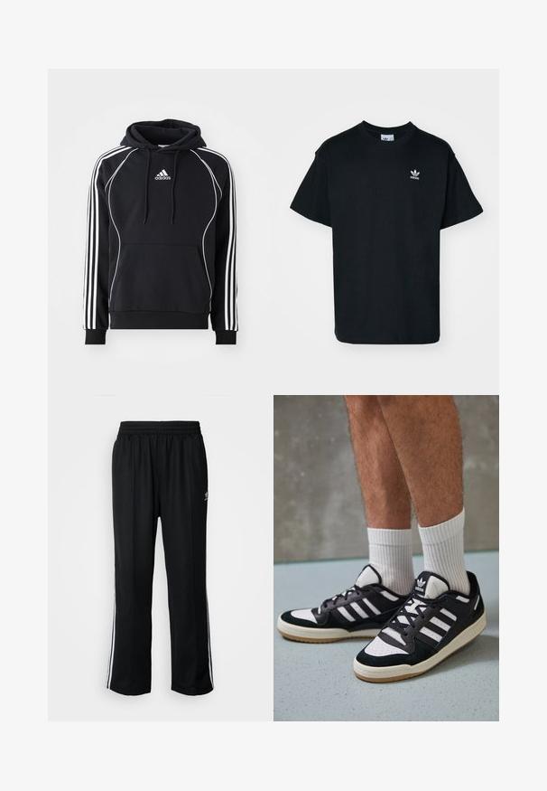 Cachecol preto da Adidas com riscas brancas nas mangas, um acabamento branco na frente, um bolso canguru frontal e capuz com cordão.; T-shirt preta de algodão com gola redonda e mangas curtas, apresentando um pequeno logótipo branco da Adidas na área do lado esquerdo do peito.; Calças atléticas pretas com um cós elástico, apresentando riscas brancas laterais e um pequeno logótipo. O material parece macio e leve.; Ténis em preto e branco com upper em camurça e couro, apresentando três riscas brancas, um toe perfurado e uma sola em borracha de goma.
