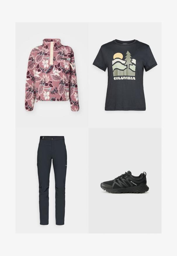 Fleece-pullover i pink med blomstermønster, featuring en halvknebål og lynlåslomme, lavet af blødt, tekstureret stof.; Mørkegrå T-shirt med et grafisk motiv af en gul sol, grønne bjerge og et træ over ordet "Columbia" i hvide bogstaver.; Herrers udendørsbukser, mørkegrå, lavet af fleksibelt materiale, med bælte, lynlåslommer og forstærkede syninger.; Columbia PEAKFREAK - Hikingsko - black