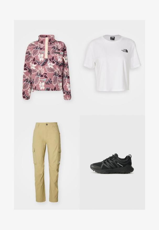 Fleece pullover in pink with floral pattern, featuring a half-button placket and zip pocket, made from soft, textured fabric.; White cropped t-shirt made of cotton with a round neckline and short sleeves. Features a black logo on the left chest.; Cargo pants in light khaki, featuring a straight leg, multiple side pockets, and a simple waistband with a button closure. Texture is smooth.; Columbia PEAKFREAK - Hiking shoes - black