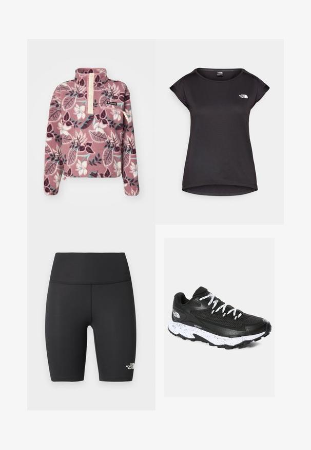 Fleece-pullover i rosa med blommönster, med halv-knapplåstning och dragkedjeficka, tillverkad av mjukt, texturerat tyg.; The North Face TANKEN TANK - T-shirt till träning - black; Svarta högmidjade atletiska cykelshorts med släta sömmar och The North Face-logotyp på nedre vänstra benet.; Svart träningsskor med meshuvändig och strukturerad design. Har vit prickig mellansula, tjock svart yttersula och reflekterande snören.