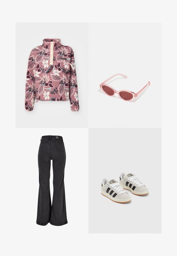 Rózsaszín polár pulóver virágmintával, félig gombos kivágással és cipzáras zsebbel, puha, texturált anyagból készült.; Fekete, flared farmernadrág sima textúrával, magas derékkal és a hátán elhelyezett márkás folttal. Széles lábú kialakítású, megerősített varrással.; Szürke velúr sportcipők fehér fűzővel, fekete csíkokkal és fehér gumitalppal. A nyelvén kör alakú logó található, illetve a talpa színes gumi.; Rózsaszín, átlátszó napszemüveg ovális lencsékkel, sötétpiros árnyalattal és vékony karokkal, sima felülettel és diszkrét díszítéssel a kereten.