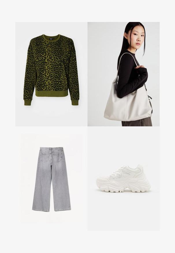 Zöld és fekete leopárdmintás pulóver, kerek nyakkivágással, hosszú ujjakkal, bordázott mandzsettával és alsó résszel. Puha anyagból készült.; Bershka WIDE-LEG - Széles szárú - grey; Fehér, vastag talpú sportcipők, textúrált felsőrésszel, hálós panelek árnyékolásával és vastag, kiemelkedő mintázatú gumitalppal. Zsinórok és húzófül tartozik hozzá.; Puha anyagból készült bézs kézitáska, laza dizájnnal, varrott részletekkel és két vállpánttal. Mindennapi használatra alkalmas.