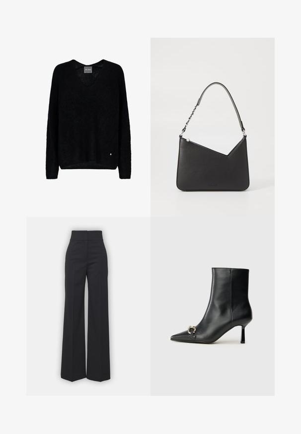 Fekete, kötött pulóver V-nyakkal és hosszú ujjakkal. Laza szabású, az alján bal oldalon egy apró fémlogóval.; Fekete anyagból készült, széles lábú nadrág, magas derékkal, letisztult kivitelben és sima textúrával. Nincs látható hardver vagy minta.; Fekete bőr bokacsizma hegyes orral, vékony közép magasságú sarokkal és ezüst csattal az oldalon, sima háttér előtt.; Fekete bőr kézitáska háromszögletű formával, vékony pánttal és ezüst színű fém kiegészítőkkel. Cipzáras záródással és dombornyomott logóval rendelkezik elöl.