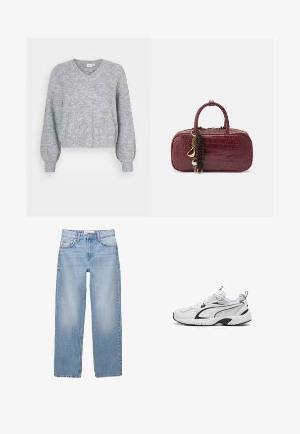 Grauer, gekürzter Pullover mit V-Ausschnitt, überschnittenen Schultern, strukturiertem Stoff und geripptem Saum. Weiches Strickmaterial mit dezenten Musterungen.; Weißes Langarmshirt aus geripptem Stoff mit rundem Ausschnitt und enganliegendem Design. Keine sichtbaren Muster oder Akzente.; Helle blaue Jeans aus Denim mit geradem Bein, Fünf-Taschen-Stil und sichtbaren Nähdetails. Der Stoff hat eine weiche, leicht ausgewaschene Textur.; Schwarze und weiße Sport sneakers mit Mesh- und Lederdetails, Schnürverschluss und dicker gepolsterter Sohle auf weißem Hintergrund.; Burgunderfarbene Handtasche mit strukturiertem Krokodilmuster, zwei kurzen Griffen und dekorativen goldenen Hardware-Elementen, einschließlich eines Charms und einer Kettendetail.