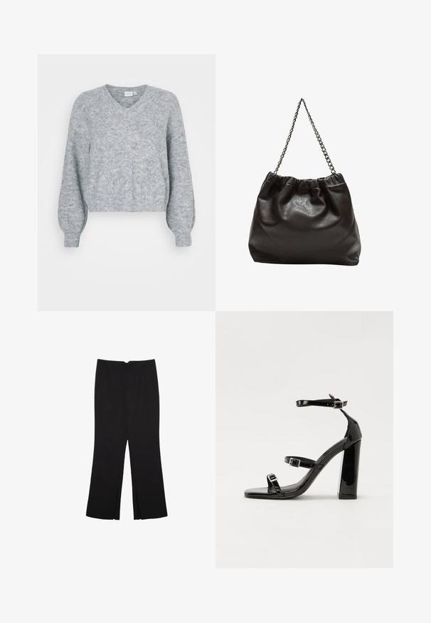 Harmaa lyhyt villapaita, jossa on V-kaula-aukko, pudotetut hihat, teksturoitu kangas ja resorireuna. Pehmeää neulottua materiaalia, jossa on hienovaraisia kuvioita.; Mustat housut suoralinjaisella leikkauksella, joissa on etutaskut ja sivurei'ät helman alla. Valmistettu pehmeästä ja sileästä kankaasta. Sopii eri tilaisuuksiin.; Musta kiiltäväpintainen korkokengät, joissa on kaksi solkikiinnitystä, neliönmuotoinen kärki ja paksu korko, sileällä, kiiltävällä pintarakenteella.; Ruskea nahkainen laukku, jossa on kerätty yläosa ja ketjuhihna. Tasainen pinta, jossa kiiltävä viimeistely ja hienovaraiset sauman yksityiskohdat sivuilla.