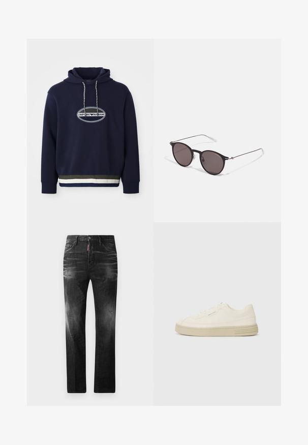 Felpa blu navy con logo ricamato in un patch ovale. Presenta un cappuccio con cordoncino e un orlo a coste testurizzato con strisce a contrasto.; Jeans in denim nero con vestibilità dritta. Presentano aree sbiadite, leggeri segni di usura, classico design a cinque tasche e chiusura con bottone.; Sneakers bianche in tela con suola in gomma testurizzata, dotate di una punta cucita e di un accento con logo sul tallone. Design semplice con lacci.; Occhiali da sole neri rotondi con lenti scure e sottili bracci in metallo. Include punte trasparenti e accenti argentati alla cerniera. Design minimalista.