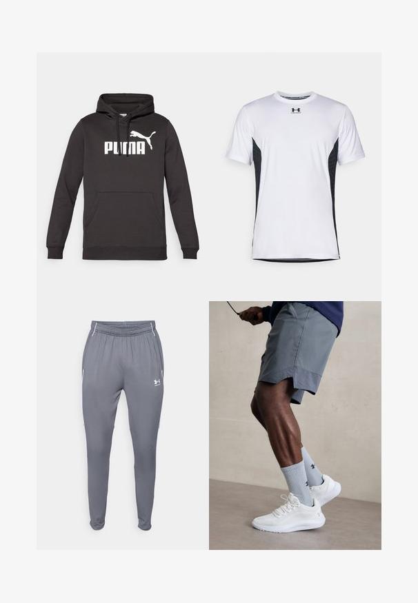 Hanorac negru cu glugă, dotat cu o pungă frontala tip cangur, având un logo alb „PUMA” proeminent și o siluetă albă de puma. Textură moale a materialului.; Under Armour CHALLENGER PRO SS - Bluză sport - white/black; Pantaloni atletici gri cu talie elastică, buzunare laterale și accente albe. Realizați dintr-un material neted și ușor.; Încălțăminte sport albă cu partea superioară din plasă texturată, asociată cu șosete ribbate de culoare bleu deschis care au un logo. Şorturi sportive gri cu margine perforată.