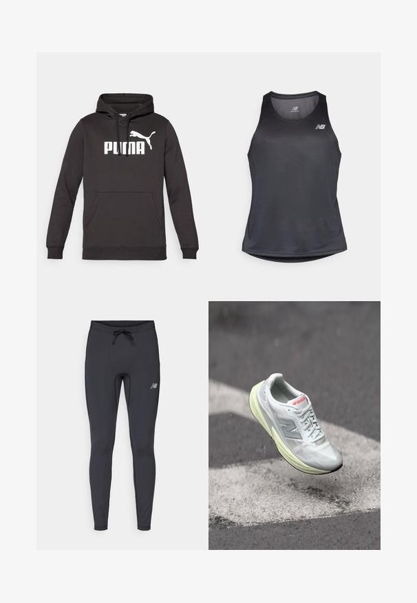 Zwarte hoodie met een voorste kangoeroezak, voorzien van een opvallend wit "PUMA" logo en een witte puma-silhouet. Zachte stoftextuur.; Zwart sportief tanktop gemaakt van vochtregulerende stof, met een ronde halslijn en subtiele geribbelde textuur, voorzien van een wit logo op de borst.; Zwarte sportleggings gemaakt van rekbaar materiaal. Voorzien van een trekkoord in de taille en een klein reflecterend logo op de rechterdij.; Lichte hardloopschoen met een witte mesh bovenkant, gele tussenzool en grijze accenten. Kenmerkt zich door een opvallend 'N' logo en een textuur oppervlak.