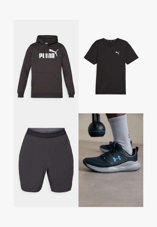 Zwarte hoodie met een voorste kangoeroezak, voorzien van een opvallend wit "PUMA" logo en een witte puma-silhouet. Zachte stoftextuur.; Zwart sport t-shirt met korte mouwen van synthetische stof, met een wit Puma-logo op de bovenste linkerborst. Gladde textuur, ronde hals.; Grijze sportshorts van lichtgewicht stof. Voorzien van een elastische tailleband, zijzakken en een gladde textuur. Geen zichtbare patronen.; Zwarte sportschoen met blauwe accenten, gestructureerde bovenkant en grijze zool. Draagt met grijze geribbelde sokken, naast een zwarte kettlebell.