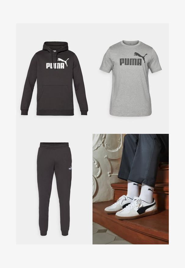 Felpa nera con cappuccio, dotata di una tasca frontale a marsupio, caratterizzata da un grande logo bianco "PUMA" e un silhouette di puma bianca. Tessuto morbido.; T-shirt in cotone grigio con maniche corte, caratterizzato da un grande logo nero "PUMA" e un grafiche di un puma nero sulla parte anteriore. Collo rotondo.; Pantaloni da tuta grigio scuro con vita elasticizzata, gambe affusolate e un piccolo logo Puma bianco sulla coscia sinistra. Materiale in morbido misto cotone.; Sneakers Puma in suede bianco e nero, con suola in gomma marrone. Abbinati a calzini bianchi con logo nero, indossati con pantaloni scuri.