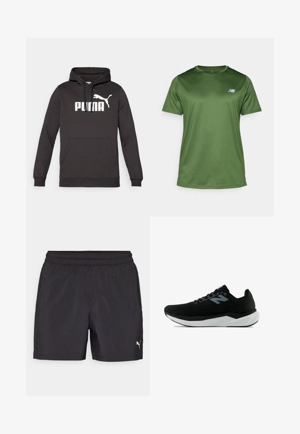 Zwarte hoodie met een voorste kangoeroezak, voorzien van een opvallend wit "PUMA" logo en een witte puma-silhouet. Zachte stoftextuur.; New Balance Sport T-shirt - dark alpine green; Zwarte sportshorts met een elastische tailleband, gemaakt van lichtgewicht materiaal, met een klein wit logo aan de onderzijde.; Zwart sportschoen met een bovenwerk van patroonmesh, een witte middenzool en een zwarte buitenzool. Voorzien van zwarte veters en een subtiel logo in lichtgrijs.
