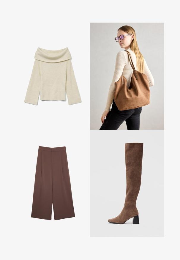 Vero Moda ERA LS OFF SHOULDER GA NOOS - Pulover - birch; Rjave široke hlače z gladko teksturo, ki imajo visok pas in sprednje naborke. Tkanina je lahka in prosto pada.; Rjave čizme do kolen, izdelane iz mehkega semiša, z ostrim nosom in masivnim črnim peto. Oblikovanje vključuje brezšivno šivanje za eleganten videz.; Rjava semišna torba z mehko teksturo, velikim odprtjem in dolgimi ročaji. Ima preprost dizajn z vidnim šivanjem in brez okovja.