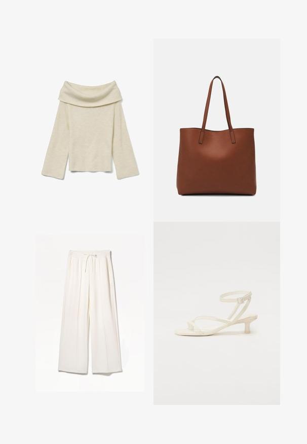 Vero Moda ERA LS OFF SHOULDER GA NOOS - Trui - birch; Witte wijde broekspijpen gemaakt van lichte stof, met een elastische tailleband, trekkoord en zijzakken zonder zichtbare patronen.; Licht ivoorkleurige sandaal met straps en een lage blokhak. Gemaakt van glad materiaal, met dunne straps en een gesp sluiting rond de enkel.; Bruine leren tote bag met een gladde textuur, een ontwerp met een open bovenkant en twee schouderbanden. Kenmerkt zich door minimale stiksels en geen zichtbare hardware.