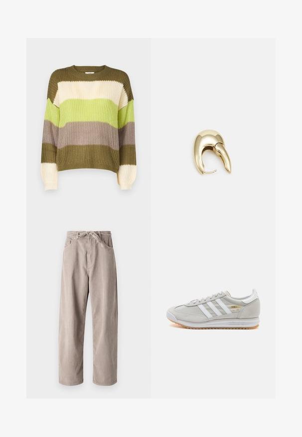 JDY JDYBADUT PULLOVER - Džemper - winter moss; Beige kammkootud püksid, millel on mugav lõige, paelaga vöökoht, kaks eesmist taskut ja vertikaalne soonik tekstuur.; Heled hallid tossud, mis on valmistatud nubukist ja võrgust, millel on kolm valget triipu, ümmargune varvas ja kummist tald. Kuldne logoelement paelte lähedal.; Kuldtooni metallist kõrvarõngas, millel on elegantne ja kaarjas disain. Omab silmapaistvat teravat kuju, poleeritud pinda ja hingesulgemist.
