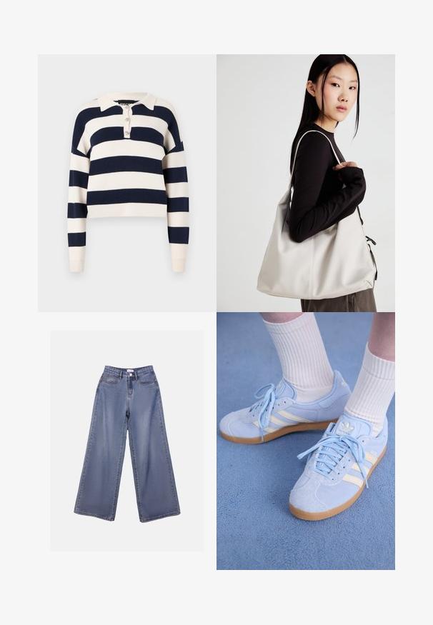 Meldr un krēmkrāsas strīpainais adīts džemperis ar apkakli un trīs pogu aizdari. Ievērojamas garās piedurknes un saīsināts dizains. Maiga tekstūra.; Platas kājas denima bikses gaiši zils mazgājumā, ar augstu jostasvietu, priekšējām kabatām un pogu aizdari ar jostas cilpiņām.; Gaiši zila zamšādas sporta apavi ar baltām svītrām, plakaniem šņorēm un gumijas zoli. Virs potītes ir uzvilktas ribotas baltas zeķes.; Bežs rokassoma, izgatavota no mīksta materiāla, ar brīvu dizainu, izšūtu apdari un divām plecu siksnām. Piemērota ikdienas lietošanai.