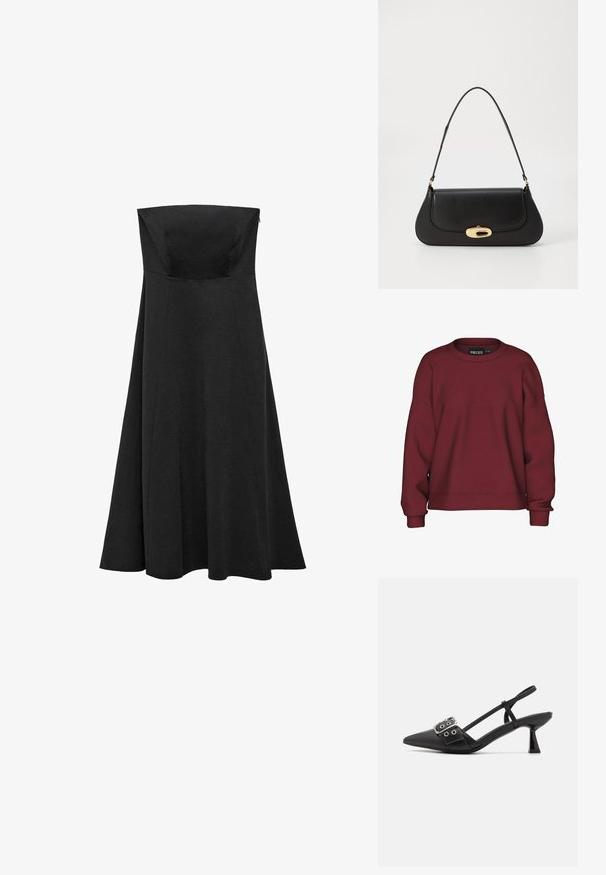 Bordo dukserica s okruglim izrezom, opuštenog kroja, dugih rukava, s rebrastim manžetama i mekim tekstilnim mješavinom pamuka. Jednostavan dizajn, bez uzoraka.; Crna haljina bez naramenica s prilagođenim korzetom i raširenom, dugom suknjom. Napravljena od glatkog materijala bez vidljivih uzoraka ili naglasaka.; Simmi London DALA - Klasične cipele s visokom petom - black; Crna kožna torba s zakrivljenim dizajnom, zlatnim detaljima i gornjom drškom. Ima elegantno zatvaranje i glatku teksturu.