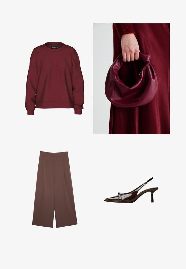 Burgundowa bluza z okrągłym dekoltem, luźnym krojem, długimi rękawami, ściągaczami na mankietach i miękką teksturą z mieszanki bawełnianej. Prosty design, bez wzorów.; Brązowe spodnie o szerokich nogawkach z gładką fakturą, z wysokim stanem i plisami z przodu. Materiał jest lekki i luźno opada.; Brązowe lakierowane sandały z odkrytymi palcami, o spiczastym nosku, niskim obcasie i ozdobnym kokardkowym akcentem z przodu. Gładka, błyszcząca tekstura.; Bordowa skórzana torebka o miękkim, marszczonym wyglądzie i zaokrąglonym kształcie. Uchwyt jest zabezpieczony, co podkreśla gładką fakturę.