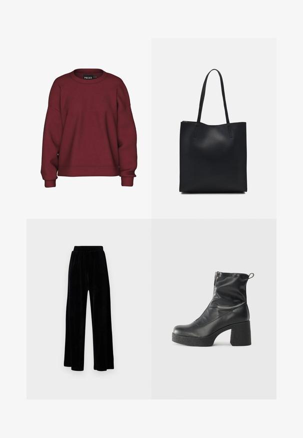 Sweatshirt bordô com decote redondo, corte descontraído, mangas longas, punhos canelados e textura suave de mistura de algodão. Design simples, sem padrões.; Calças largas pretas feitas de veludo suave, com um cós elástico e uma textura lisa, sem detalhes ou padrões visíveis.; Botas de tornozelo pretas feitas de couro liso, com fecho lateral, salto grosso texturizado e design de bico arredondado.; Bolsa tote preta em couro com textura lisa, forma retangular e duas alças longas. Sem hardware ou enfeites visíveis.