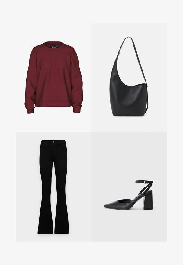 Burgundy sweatshirt with a round neck, relaxed fit, long sleeves, ribbed cuffs, and a soft cotton blend texture. Simple design, no patterns.; Black high-waist jeans with a button and zip closure, front pockets, and flared legs laid flat on a white background.; Black leather pointy-toe pump with an ankle strap and a chunky heel. Flat texture, sleek design, and minimalistic aesthetics.; Black leather hobo bag with a smooth texture, curved shape, and single adjustable strap; features a wide opening at the top.