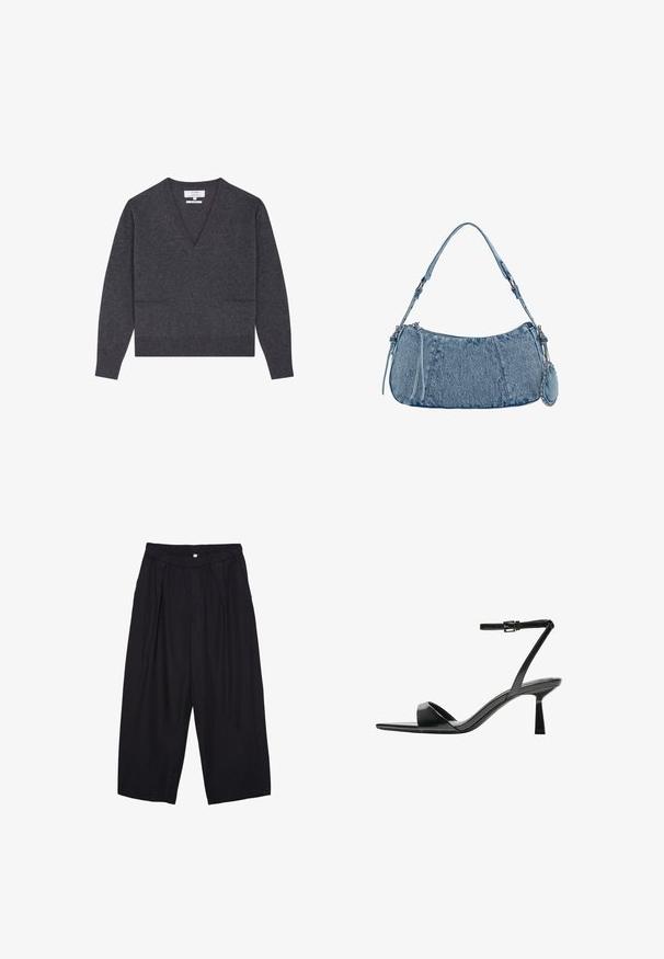 Pull en V gris foncé en matière douce, avec des manches longues, un ourlet côtelé et deux poches avant pour plus de détails.; Pantalon culotte noir en polyester avec une taille élastique, deux plis avant et une silhouette ample. Pas de motifs visibles ni de détails matériels.; Bershka Sandales à talons hauts - black; Sac en denim de forme incurvée, couleur bleu clair, avec une bandoulière réglable et une petite pochette détachable avec des accents métalliques.