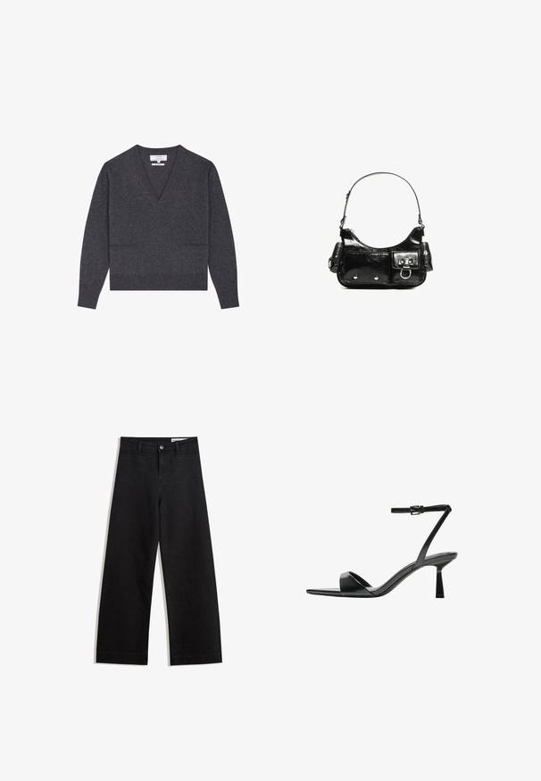 Donkergrijze v-hals sweater van zachte stof, met lange mouwen, een ribbelsteek aan de onderkant en twee voorzakken voor extra detail.; Zwarte denim broek met wijde pijpen en een hoge taille, voorzien van voor- en achterzakken, gestikte naden en een knoopsluiting. Gladde textuur.; Bershka Sandalen met hoge hak - black; Zwarte laarzen in lakleer met een gebogen vorm, één schouderband, voorvakken en accenten in zilverkleurig metaal.