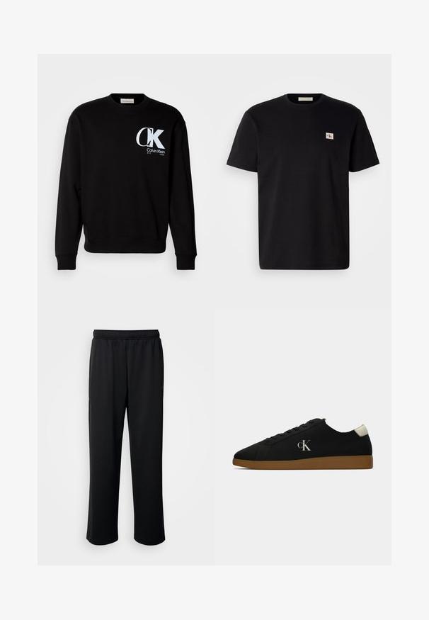 Sort sweatshirt lavet af bomuld med ribbet halsudskæring og manchetter. Har et hvidt "CK" logo og teksten "Calvin Klein EST 1968" på forsiden.; Sort bomulds T-shirt med korte ærmer, rund halsudskæring og et lille broderet logo på venstre bryst. Glat tekstur, almindelig pasform.; Sorte træningsbukser lavet af blødt, åndbart stof. De har en elastisk linning og lige ben uden markante accenter eller mønstre.; Sorte kanvas sneakers med en gummisål, der har et sølvfarvet "cK" logo på siden og en hvid detalje ved hælen. Low-top design.