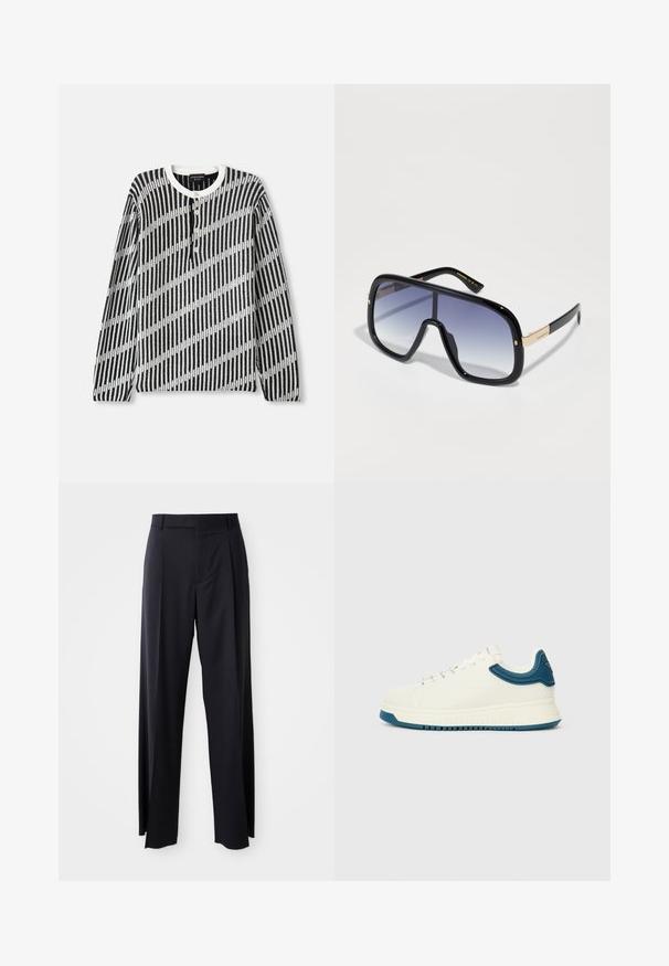 Melnā un baltā krāsā striķota džemperis ar garām piedurknēm un diagonāla svītru rakstu, arapa apaļu kakla izgriezumu un četriem priekšējiem pogām. Tiek izmantota teksturēta auduma.; Melnas, augstās vidukļa bikses ar platām kājām, izgatavotas no gludas auduma. Iezīmē priekšējās krokas un jostas cilpas. Minimalistisks dizains, bez redzamām detaļām.; Baltas sneaks ar gludu virsmu, ziliem teksturēti akcentiem ap apkakli un biezu zoli. Iespējas apaļas auklas un zema dizaina.; Pārmērīgas melnās saulesbrilles ar gradienta purpura lēcu, spīdīga apdare un zelta akcenti uz kājiņām. Taisnstūra forma.